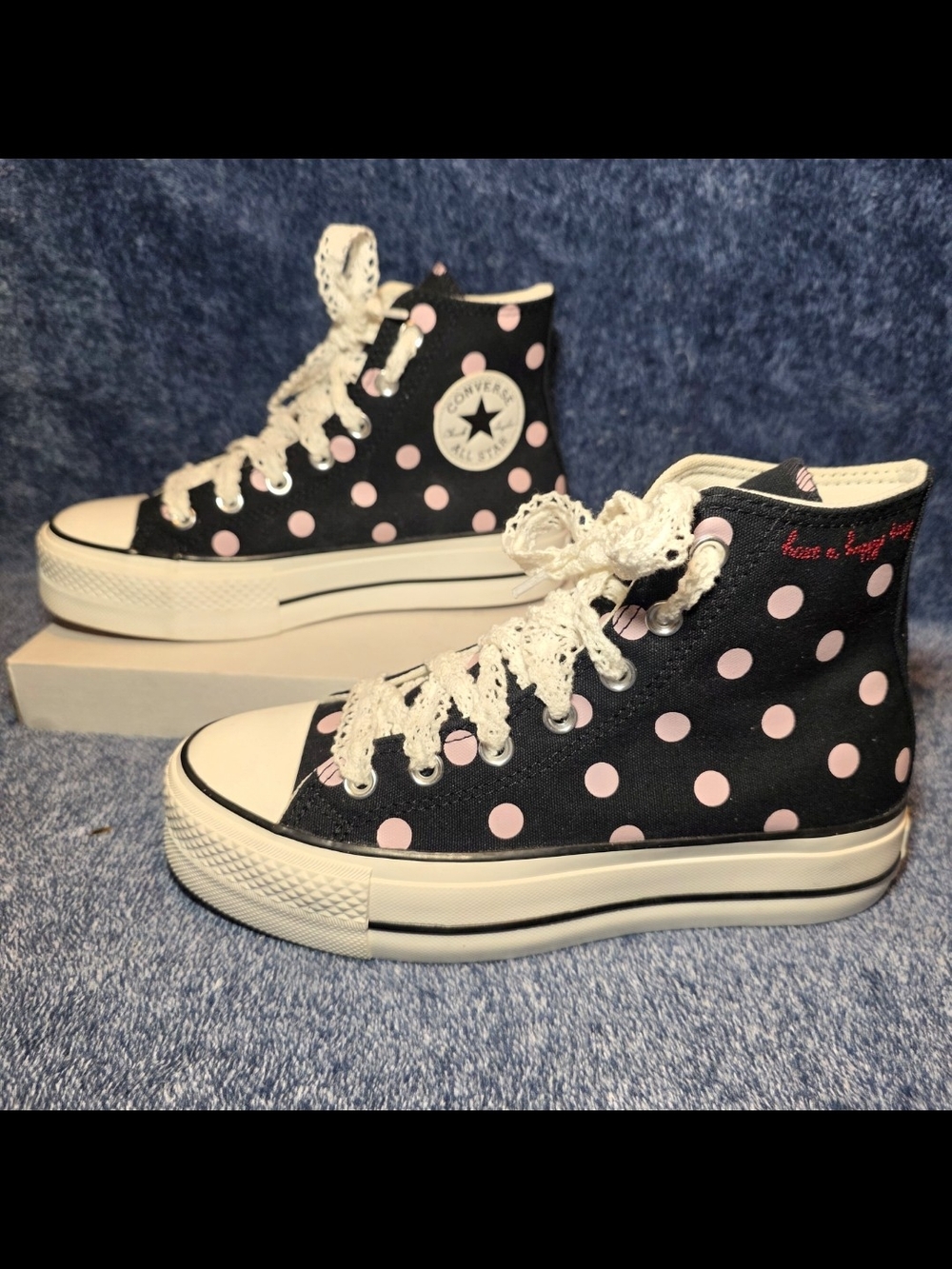 Converse High Top Sneakers - Black with Pink Polka Dots - Picture 2 of 6